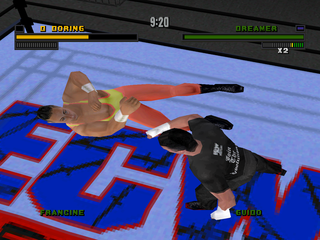 ECW Hardcore Revolution (PlayStation) screenshot: Wrestler being dropped on the floor.