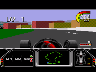 Newman/Haas IndyCar featuring Nigel Mansell (Genesis) screenshot: Some polygonal buildings liven up graphics a bit