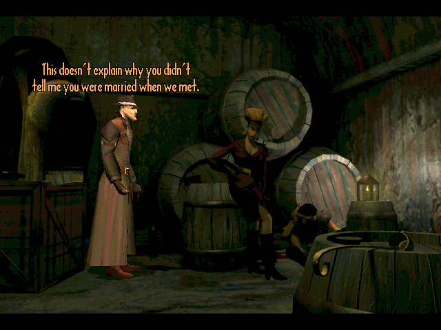 Discworld Noir (Windows) screenshot: It gets personal. This side of the game is basically a Casablanca parody
