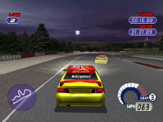 Jarrett & Labonte Stock Car Racing (PlayStation) screenshot: In time trial mode, racing against the ghost car.