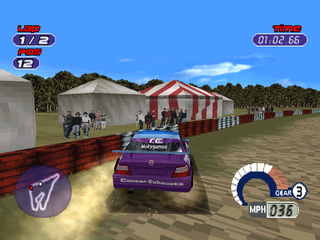 Jarrett & Labonte Stock Car Racing (PlayStation) screenshot: Bumping into the barrier.