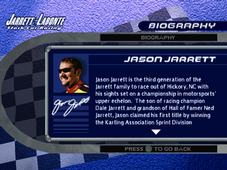 Jarrett & Labonte Stock Car Racing (PlayStation) screenshot: Jason Jarret biography