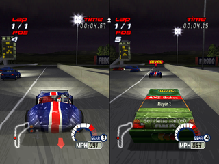 Jarrett & Labonte Stock Car Racing (PlayStation) screenshot: Two player mode, vertical split
