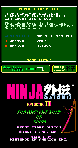 Ninja Gaiden III: The Ancient Ship of Doom (Arcade) screenshot: Title Screen.