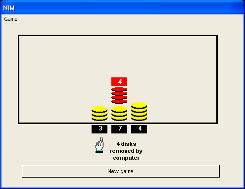 Nim (Windows) screenshot: The computer just removed 4 discs, and I do the same