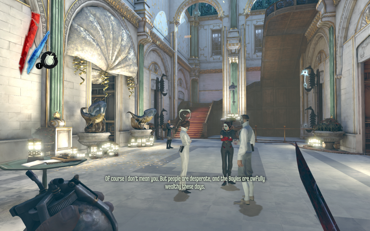 Dishonored (Windows) screenshot: The game's interior locations are magnificent. Here, you attend a masquerade in a rich person's house