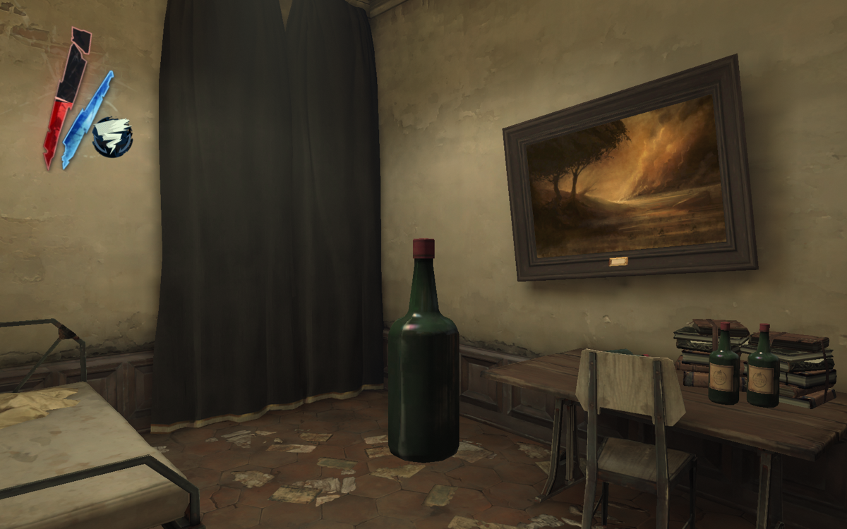 Dishonored (Windows) screenshot: That's it, man. I'm tired of all those assassinations and betrayals and stuff. Booze and art - these two things have always consoled me...