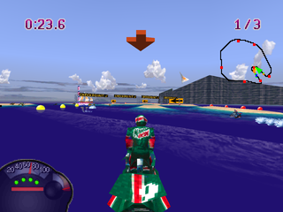 Jet Moto (PlayStation) screenshot: Riding the waves.
