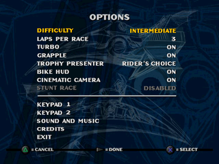 Jet Moto (PlayStation) screenshot: Options menu