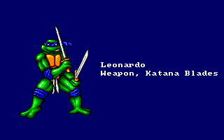Teenage Mutant Ninja Turtles (Amiga) screenshot: Leonardo (intro screen) (European version)