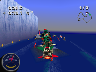 Jet Moto 2 (PlayStation) screenshot: Jumping from a ramp.