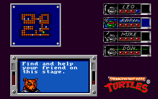 Teenage Mutant Ninja Turtles (Amiga) screenshot: Between stages it is possible to change a turtle that the player controls (European version)