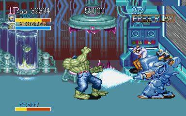 Captain Commando (PlayStation) screenshot: Using a captured mech against the boss