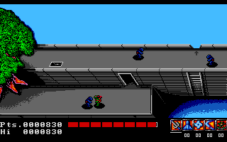 Teenage Mutant Ninja Turtles (Amiga) screenshot: Stage 2 (Overhead part) (European version)