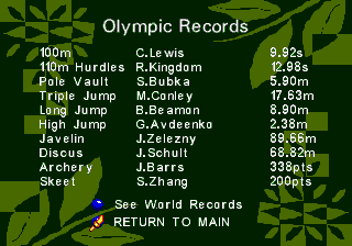 Olympic Summer Games (Genesis) screenshot: Olympic records