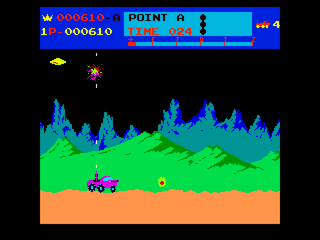 Arcade's Greatest Hits: The Midway Collection 2 (PlayStation) screenshot: Moon Patrol - Shooting flying enemies.