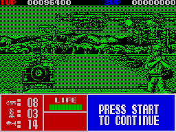 Operation Thunderbolt (ZX Spectrum) screenshot: Level 3 sees you in a jeep