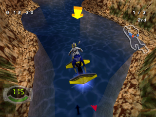 Jet Moto 3 (PlayStation) screenshot: Falling from a ramp jump.