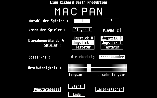 Mac Pan (Atari ST) screenshot: Title screen and menu (monochrome monitor): select game mode and all options. The slider controls the movement speed of player and ghosts, adjusting the difficulty of the game