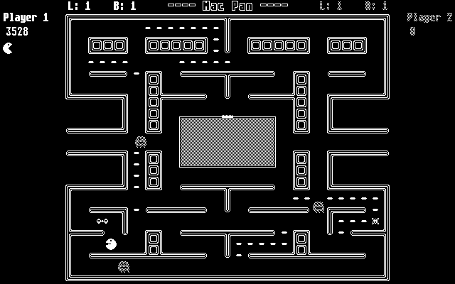 Mac Pan (Atari ST) screenshot: After eating a power pill (cross), the ghosts fade and are can be eaten! Let's hunt them.