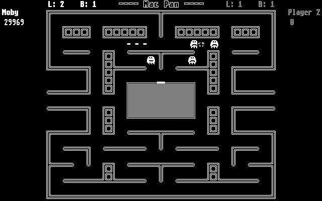 Mac Pan (Atari ST) screenshot: The final frame of a single player game. Surrounded by very aggressive ghosts (it's level 2 as marked by "L: 2" at the top)