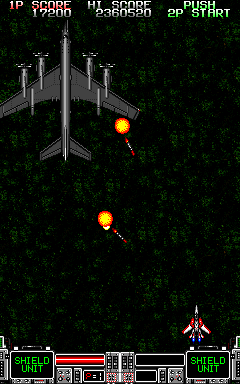 Strike Gunner S.T.G. (Arcade) screenshot: Huge plane to destroy.