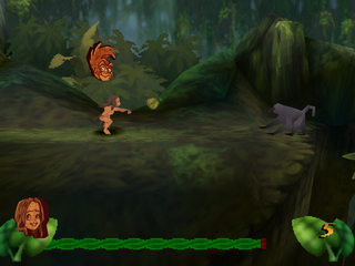 Disney's Tarzan (PlayStation) screenshot: Tarzan throwing fruit at the baboon.