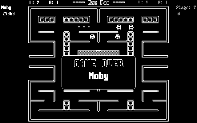 Mac Pan (Atari ST) screenshot: Three angry ghosts and one friendly one. And myself vanished.