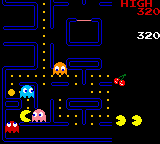 Pac-Man: Special Color Edition (Game Boy Color) screenshot: In a bad moment, Pac-Man is surrounded by Inky, Blinky, Pinky and Clyde: you'll lose one life... :-(