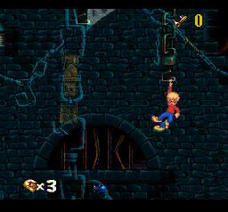 The Pagemaster (SNES) screenshot: Swinging in the rafters.