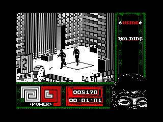Ninja Remix (Amstrad CPC) screenshot: Level 1, "The Park": Backstage.<br> - Please Mr. Armakuni, just one more <i>screenshot</i> and we got the Park scene... for the CPC...<br> - This is absurd, I'm out of here!