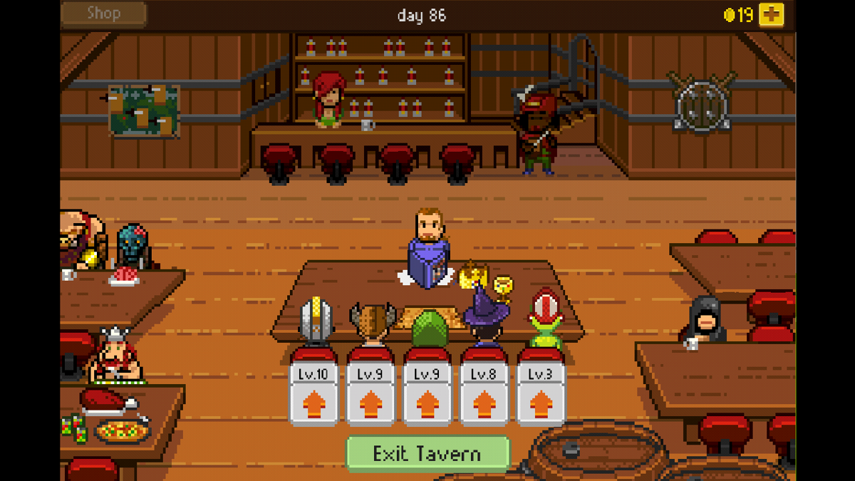 Knights of Pen & Paper + 1 Edition (Android) screenshot: The tavern is a place where you can leave the party members (or reset their abilities) and recruit new ones