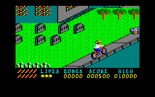 Paperboy (Amstrad CPC) screenshot: Passing the cemetery