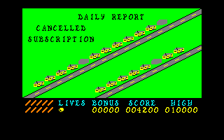 Paperboy (Amstrad CPC) screenshot: Day summary, which tells you how many houses that you delivered papers too. If you haven't delivered any, then you're fired.