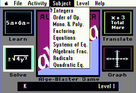 Alge-Blaster Plus! (Apple II) screenshot: Showing subjects