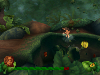 Disney's Tarzan (PlayStation) screenshot: Tarzan breaking some rotten roots to find a hidden cache.