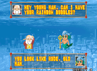 Bust-A-Move 4 (Arcade) screenshot: Before the round begins there's the usual exchange of words like here fish boy remarks that his senior citizen opponent looks "like rude"