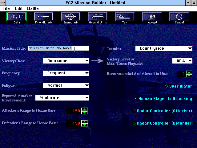Flight Commander 2: Mission Builder (Windows 3.x) screenshot: Set up various mission parameters