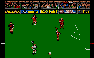 Peter Beardsley's International Football (Amiga) screenshot: You control the player with the arrow above his head!