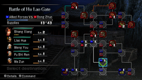 Dynasty Warriors (PSP) screenshot: On the battle map you choose the next mission or you can heal at outposts