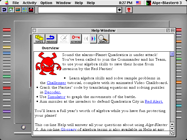 Alge-Blaster 3 (Macintosh) screenshot: Help files