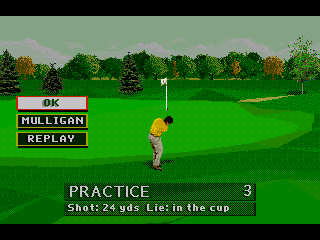 PGA Tour 96 (Genesis) screenshot: ... and goes down for a birdie. Perfecting chipping is a must for par 5 holes in tournaments.