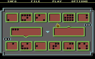 Mancala (Commodore 64) screenshot: Three seeds have been captured