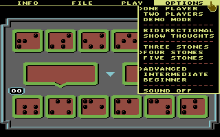 Mancala (Commodore 64) screenshot: Options menu