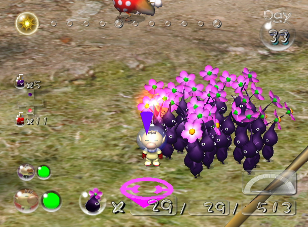 Pikmin 2 (GameCube) screenshot: Purple Pikmin are a new discovery.