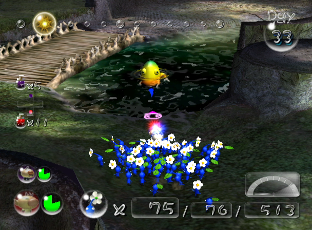 Pikmin 2 (GameCube) screenshot: Blue Pikmin are useful in water-filled areas.