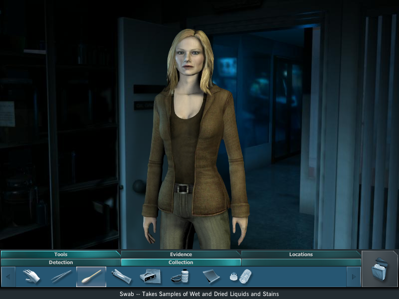 CSI: Crime Scene Investigation - Dark Motives (Windows) screenshot: Your first partner... You can also see the tools you have for collecting evidence