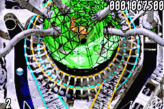 The Pinball of the Dead (Game Boy Advance) screenshot: The upper part of the Movement table has a spinning ramp where gain lots of points by going around the ramp over and over