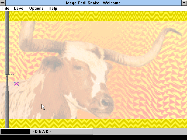 Mega Peril Snake (Windows 3.x) screenshot: That's not fair! <br>I ate some food and grew into my own tail!