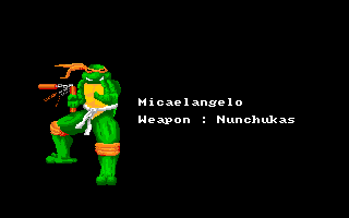 Teenage Mutant Ninja Turtles (Amiga) screenshot: Michaelangelo (intro screen) (US version)